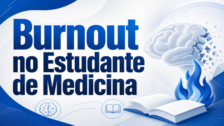 Ilustração editorial sobre burnout em estudantes de medicina com elementos visuais de estudo e esgotamento