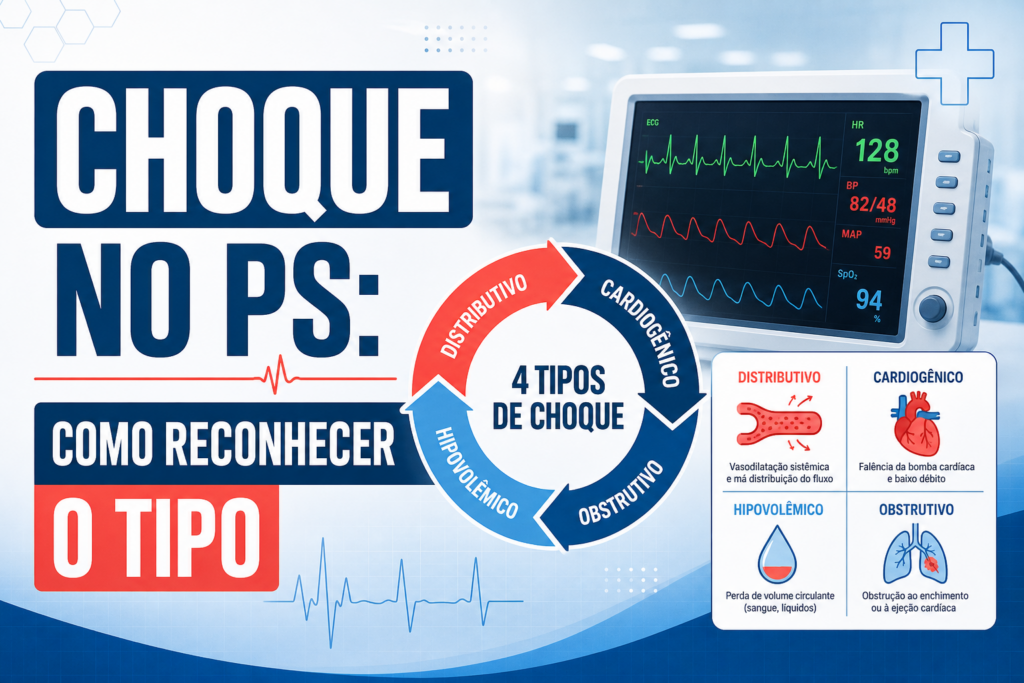 Choque no PS: infográfico mostrando os 4 tipos de choque para prova de residência médica