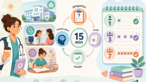 Estudante usando flashcards para revisar medicina sem tempo no internato