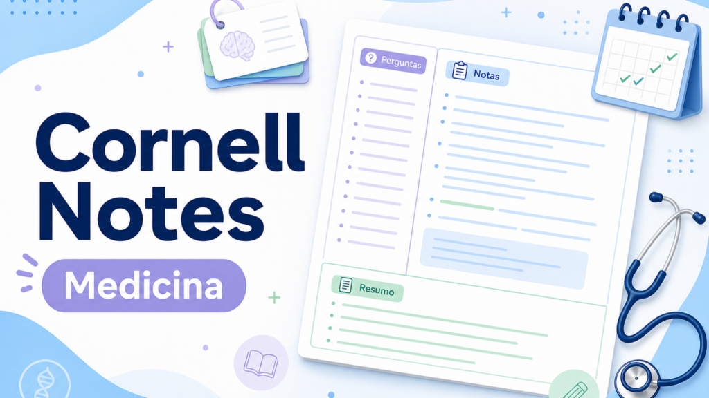 Infográfico sobre Cornell Notes na medicina com áreas de notas, perguntas e resumo para revisão ativa