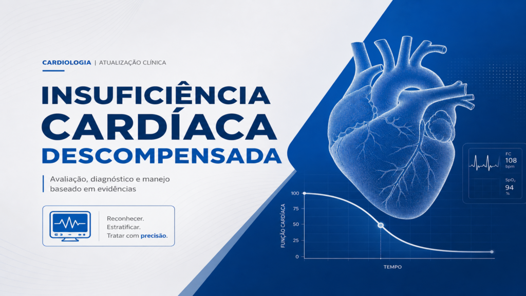 Insuficiência cardíaca descompensada: capa com silhueta cardíaca estilizada e gráfico de função em fundo azul editorial