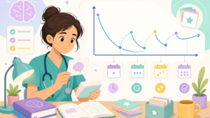 Estudante usando flashcards e revisão espaçada para aplicar a curva de Ebbinghaus na medicina