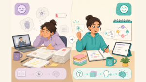 Estudante de medicina comparando estudo ativo vs passivo com flashcards e questões
