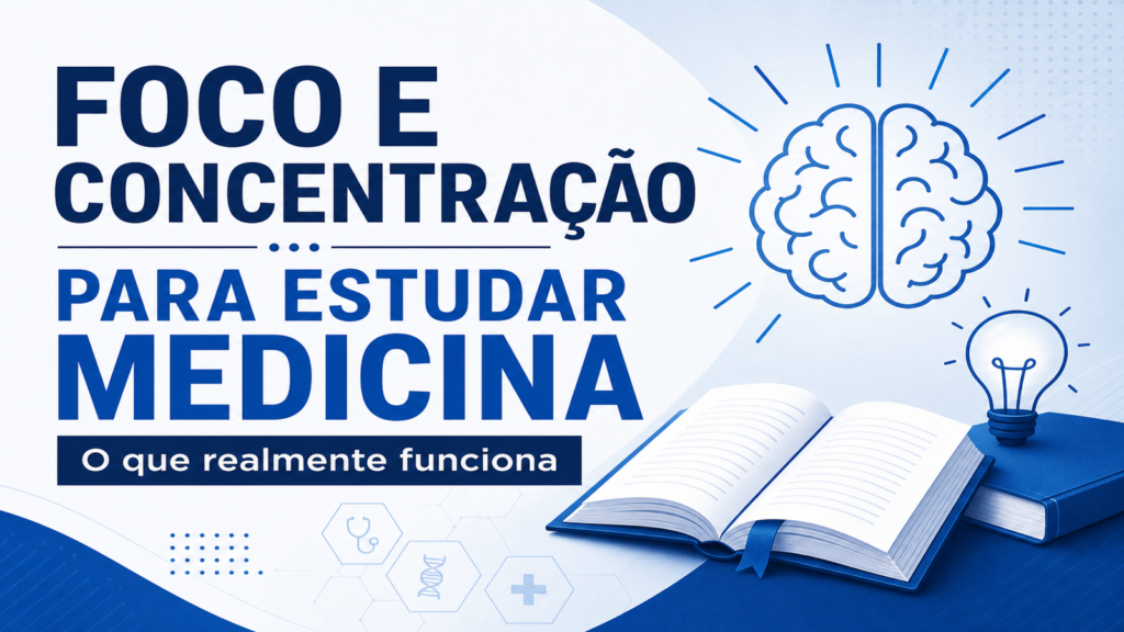 Capa sobre foco e concentração para estudar medicina com ícones de estudo e produtividade