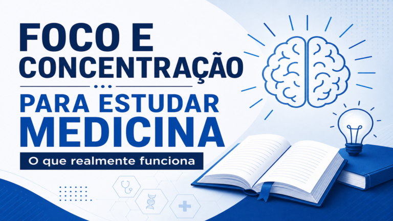 Capa sobre foco e concentração para estudar medicina com ícones de estudo e produtividade