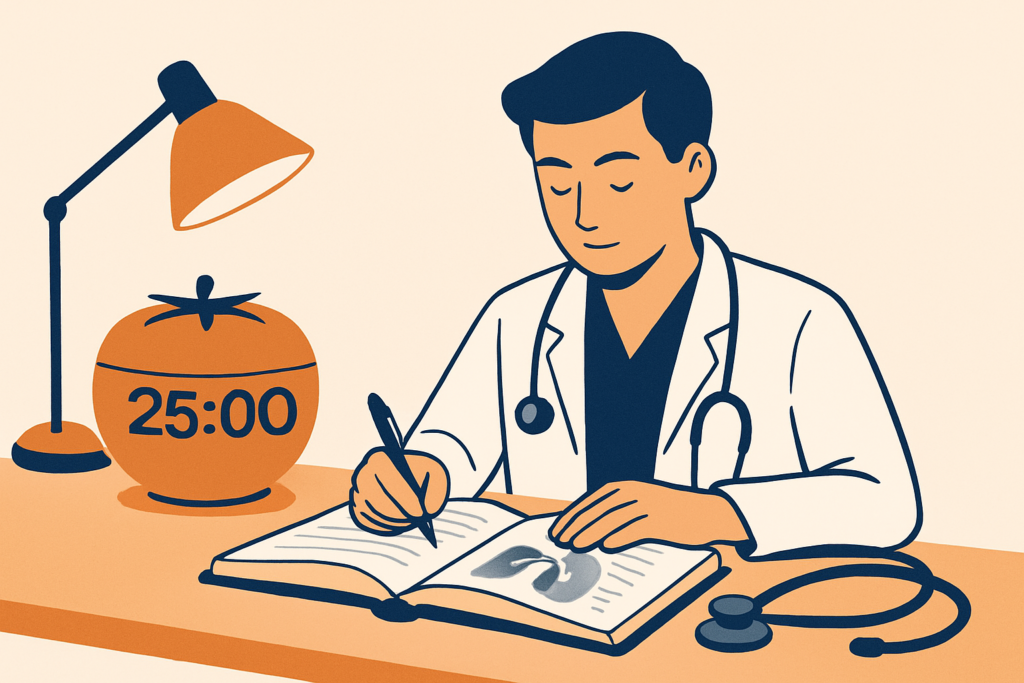Estudante de medicina usando a técnica Pomodoro com timer e livros médicos para organizar o tempo de estudo