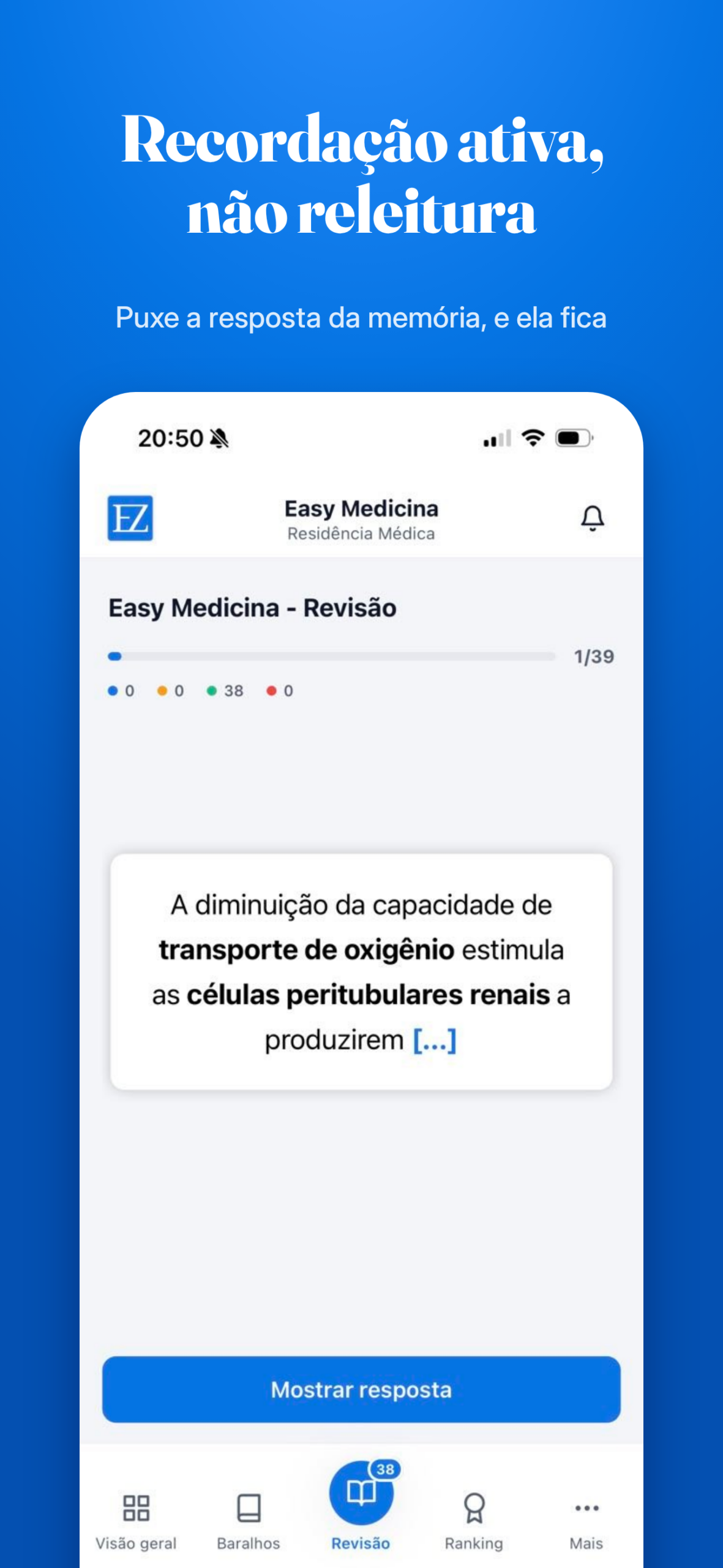 Tela de pergunta no app Easy Medicina com revisão ativa para estudantes de medicina