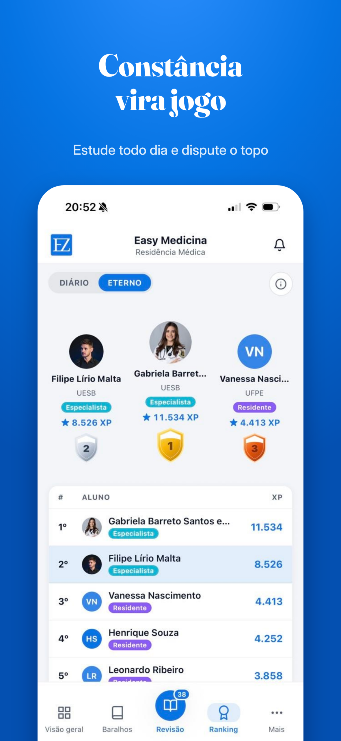 Ranking e progresso no app Easy Medicina para acompanhar rotina de estudos