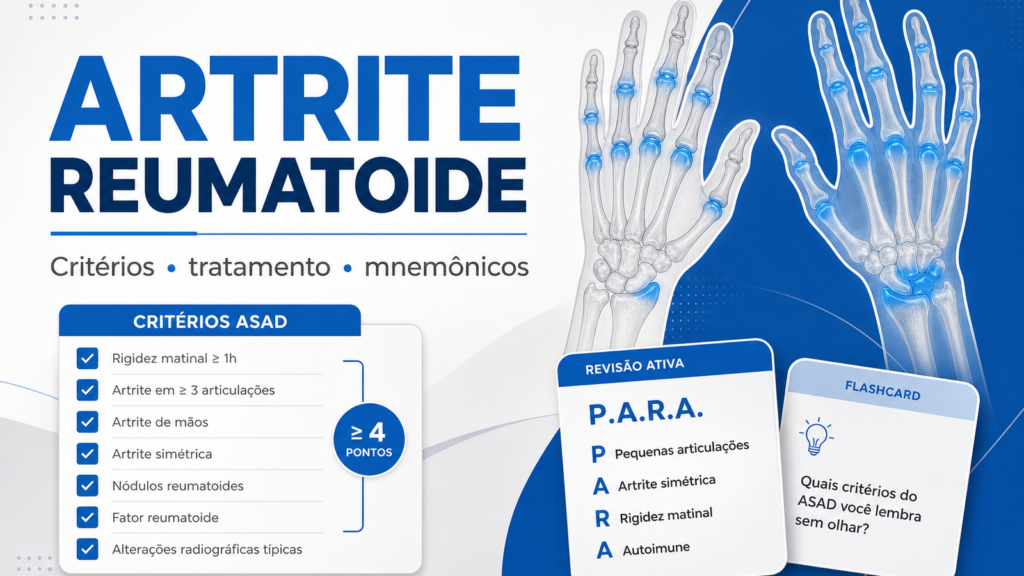 Capa do artigo sobre artrite reumatoide residência com critérios, tratamento inicial e mnemônicos de revisão