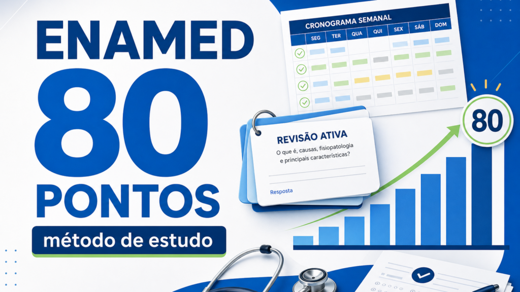 Capa do artigo como estudar para o ENAMED com método, mostrando meta de 80 pontos, revisão ativa e planejamento de questões
