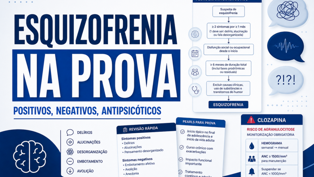 Capa do artigo sobre esquizofrenia residência médica com sintomas positivos, negativos e antipsicóticos