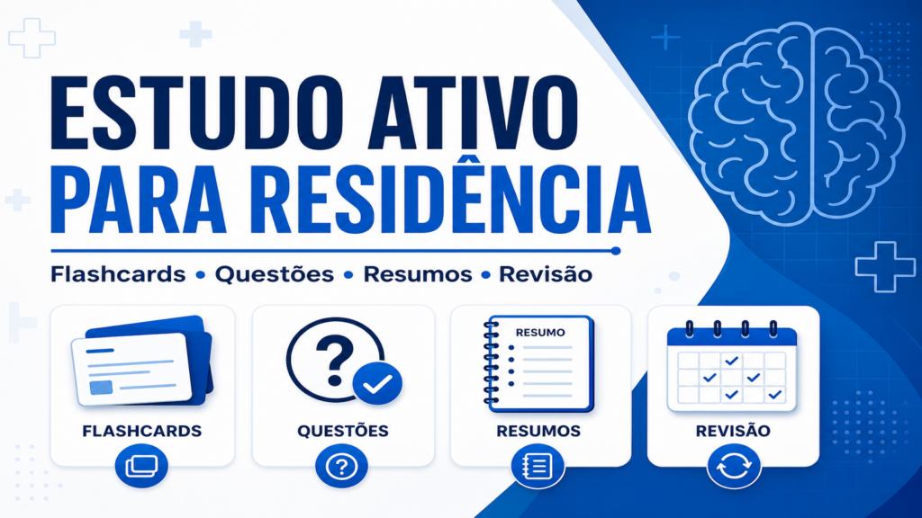 Capa sobre estudo ativo para residência médica com flashcards, questões, resumos e revisão espaçada
