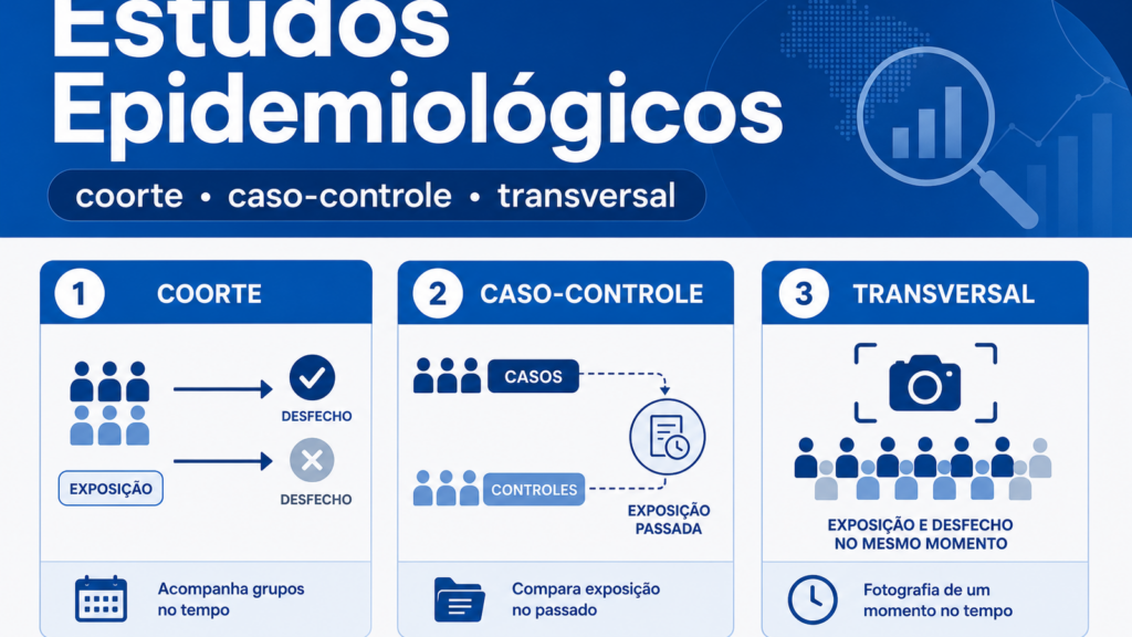 Ilustração editorial azul e branca comparando coorte, caso-controle e estudo transversal para residência médica.