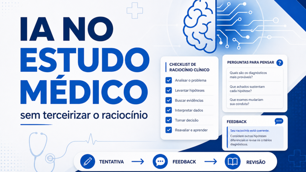Capa sobre IA para estudar medicina com checklist de raciocínio clínico, feedback e revisão ativa