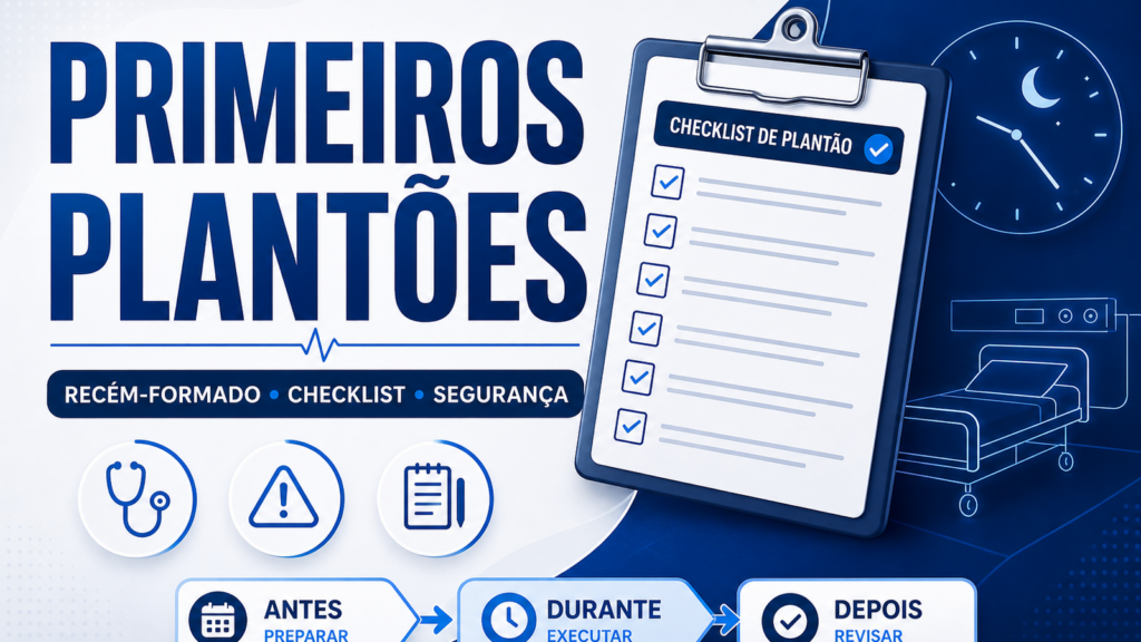 Capa sobre primeiros plantões recém-formado com checklist de preparação, relógio de plantão e ícones médicos discretos