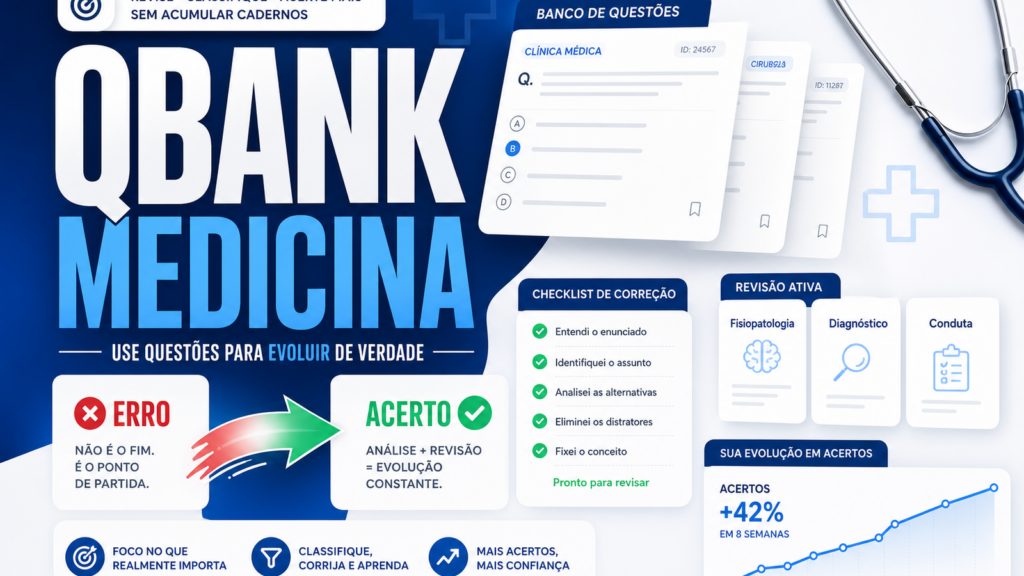 Capa sobre qbank medicina com questões, checklist de erros e flashcards de revisão ativa