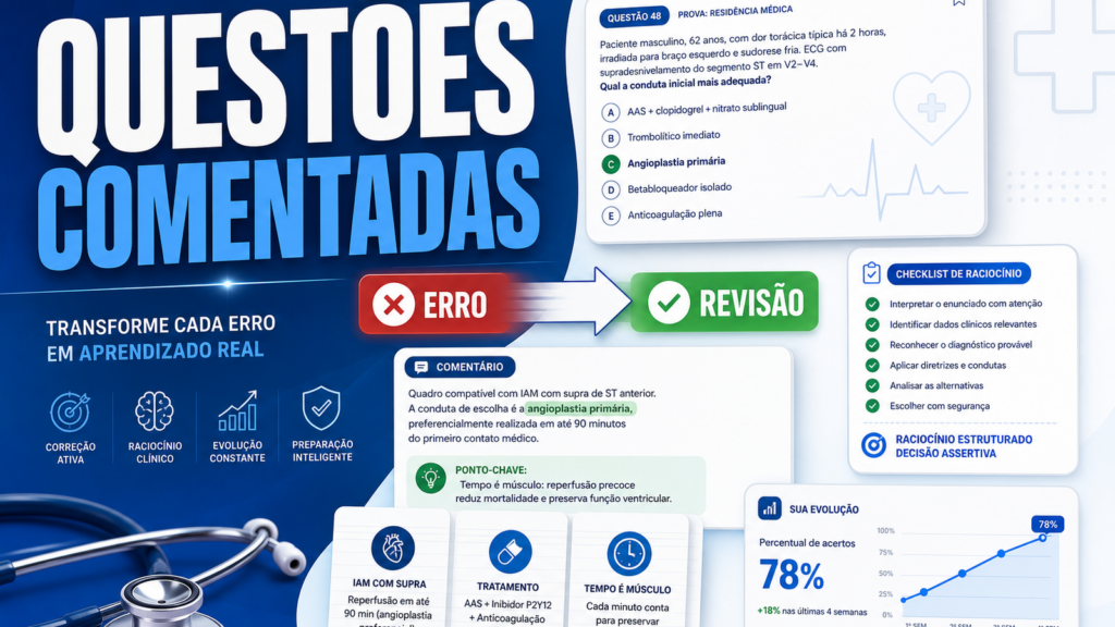 Capa sobre questões residência médica comentadas com erro, comentário e flashcards de revisão ativa