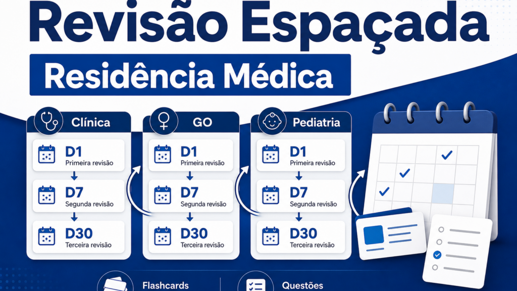 Revisão espaçada residência médica organizada com clínica, GO e pediatria em ciclos de flashcards