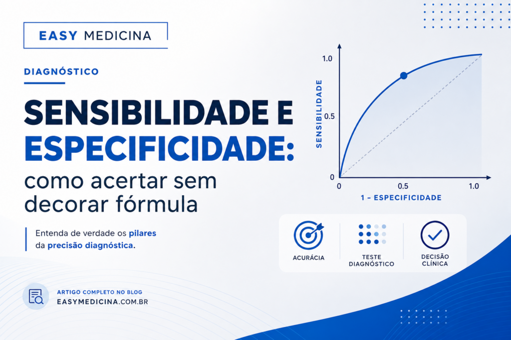 Sensibilidade e especificidade na residência: capa educativa em azul com gráfico diagnóstico