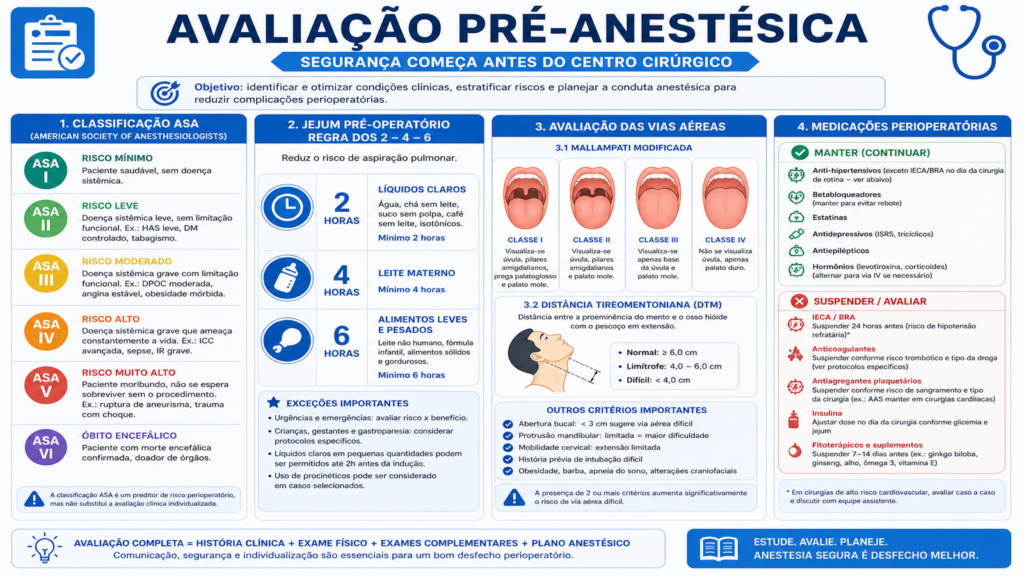 Capa infográfica sobre avaliação pré-anestésica para residência médica: classificação ASA, prazos de jejum e avaliação de via aérea