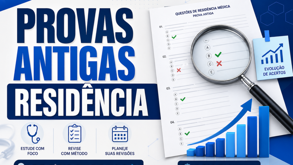 Capa do artigo sobre provas antigas residência médica com prova marcada e gráfico de acertos