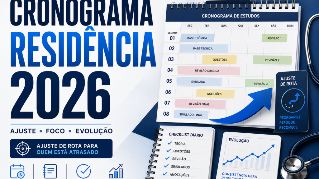 Capa do artigo sobre cronograma residência médica 2026 com calendário de estudos e revisão ativa