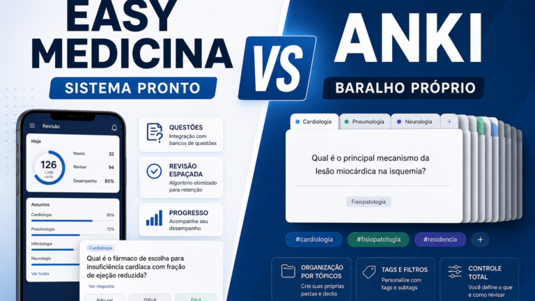 Easy Medicina vs Anki para residência: quando escolher sistema pronto ou baralho próprio