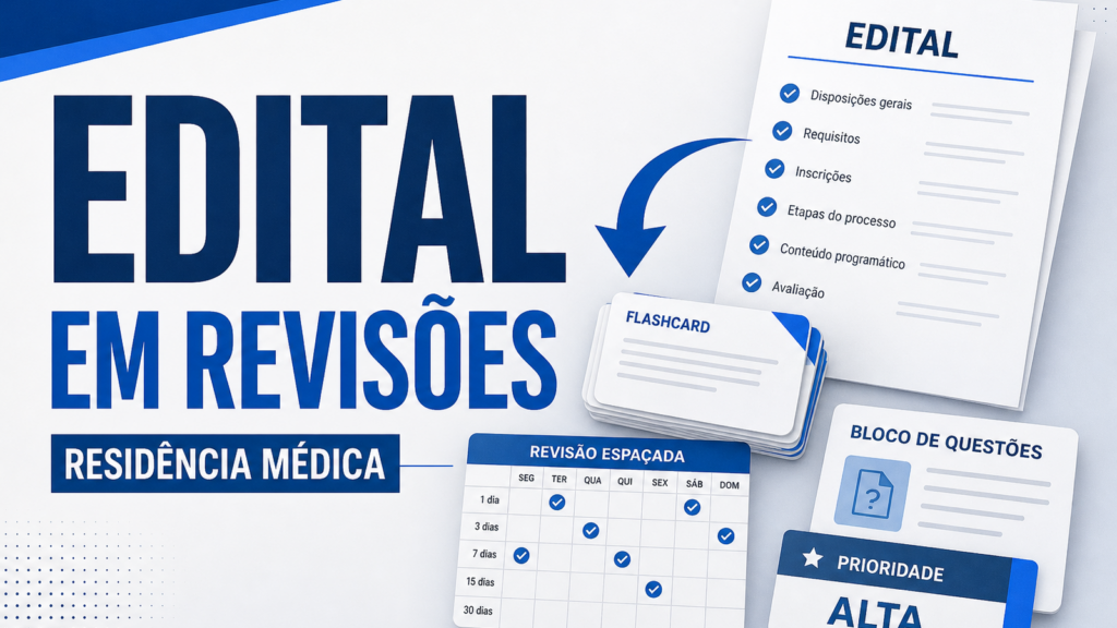 Capa sobre edital residência médica estudo com checklist, flashcards e calendário de revisões