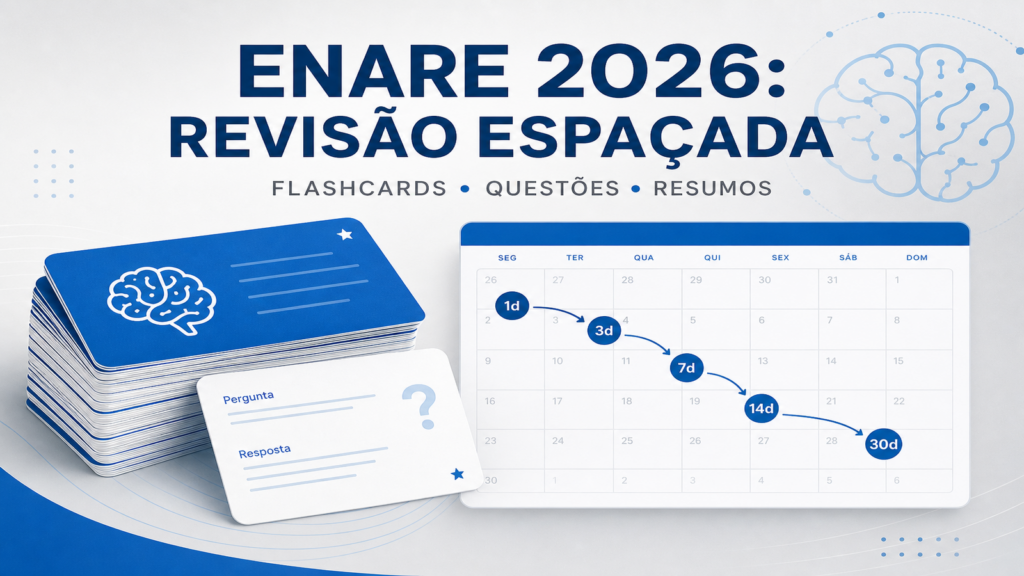 ENARE 2026 revisão espaçada com flashcards - infográfico mostrando calendário com intervalos de estudo e pilhas de flashcards em tons azuis