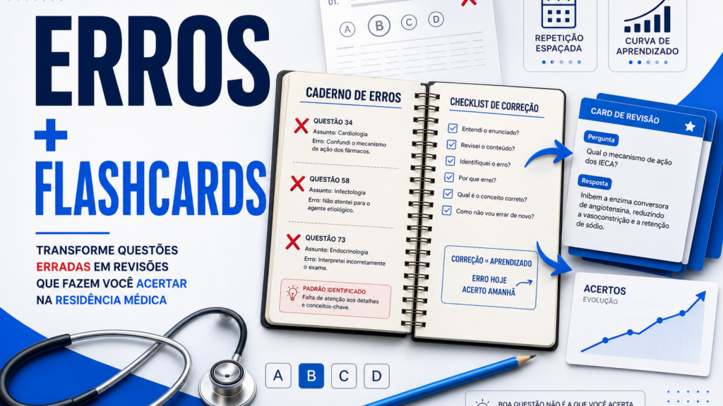Capa do artigo sobre erros questões residência médica com caderno de erros, flashcards e revisão espaçada