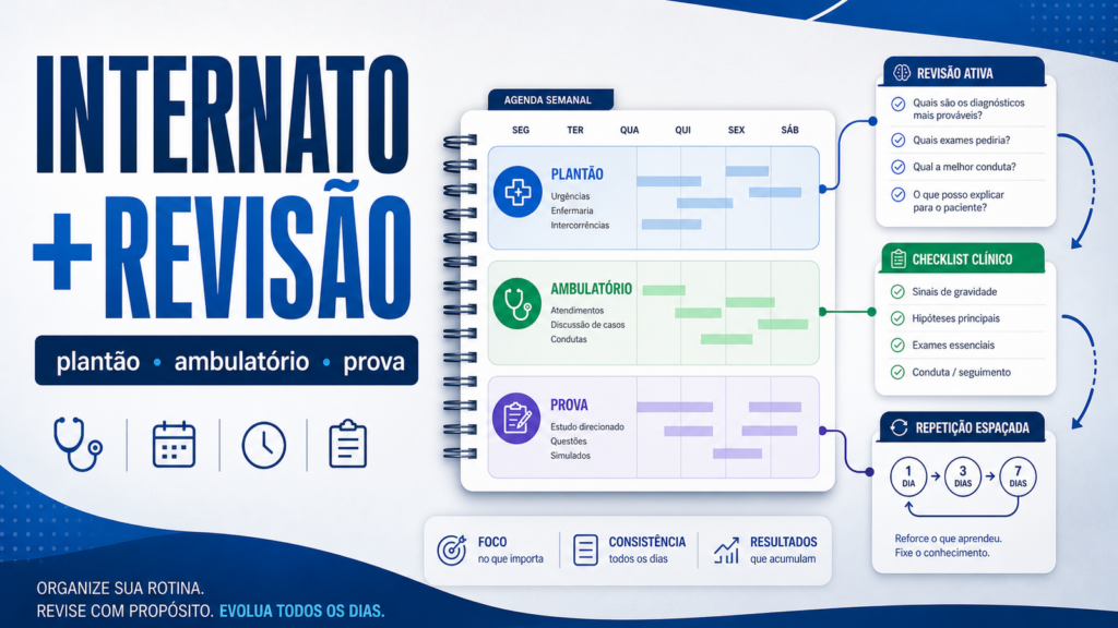 Capa do artigo sobre internato medicina revisão com calendário de plantão, ambulatório, prova e cards de revisão