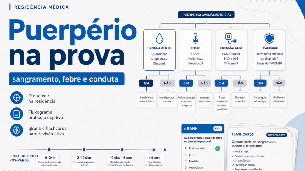 Capa do artigo puerpério residência médica com fluxograma de sangramento febre e conduta