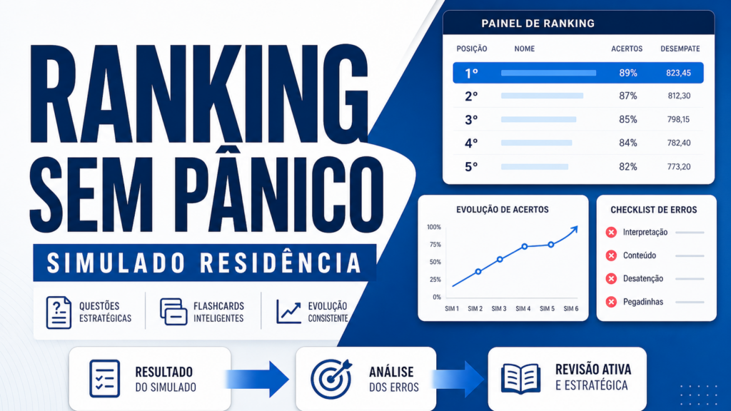Capa sobre ranking simulado residência médica com painel de posição, gráfico de evolução e revisão ativa