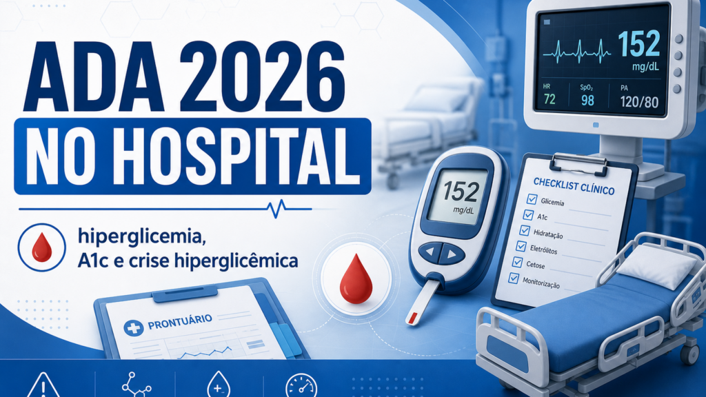Capa do artigo ADA 2026 no hospital com monitor, glicímetro, prontuário e checklist de hiperglicemia, A1c e crise hiperglicêmica
