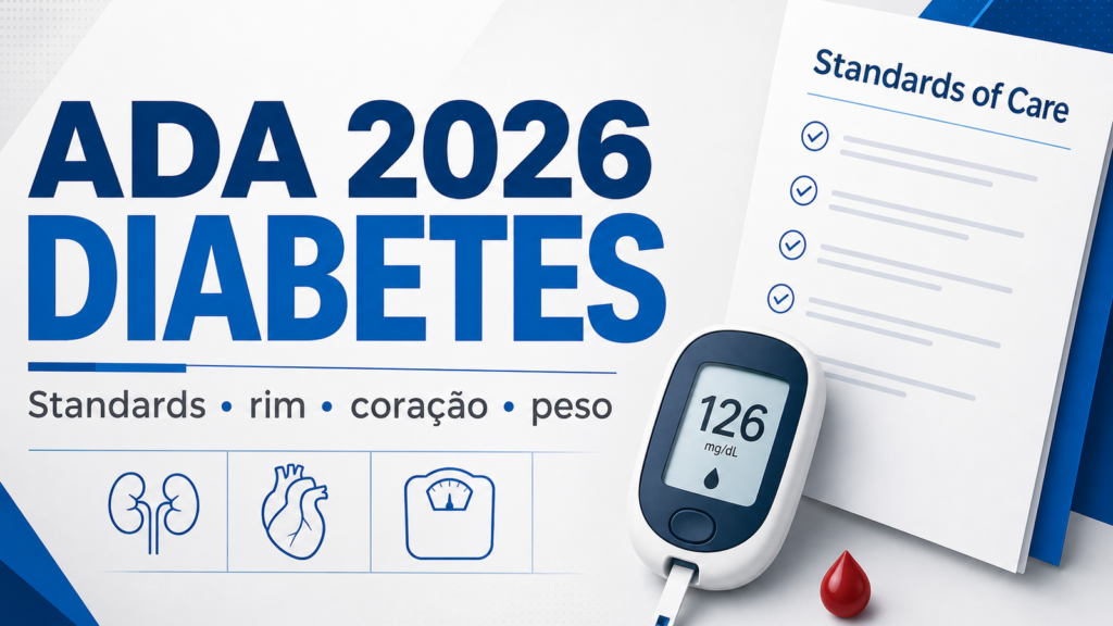 Capa do artigo ADA 2026 diabetes com medidor de glicose, coração, rim, balança e checklist dos Standards of Care