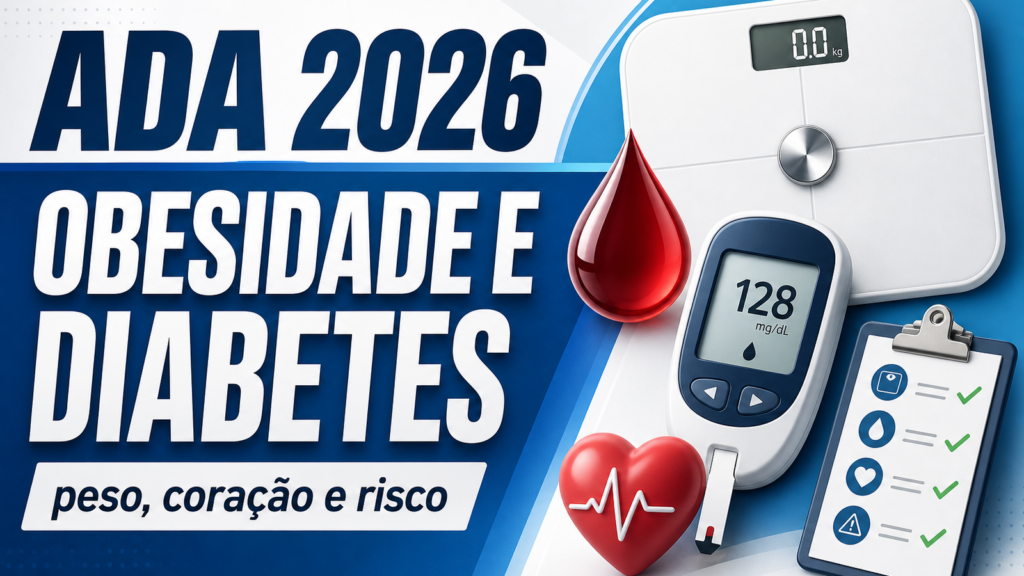 Capa do artigo ADA 2026 obesidade diabetes com balança, gota de sangue, medidor de glicose, coração e checklist clínico