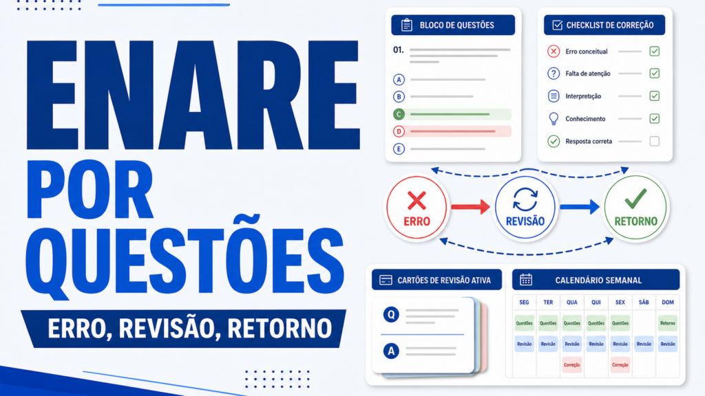 Capa do artigo como estudar para ENARE com questões com checklist de correção, revisão ativa e retorno semanal