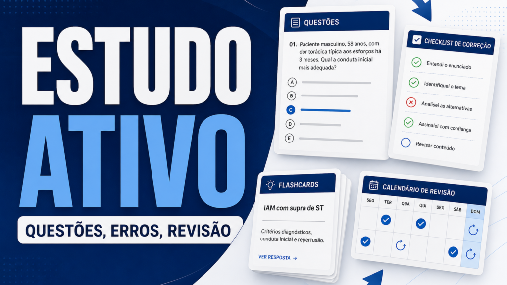 Capa do artigo estudo ativo para residência médica com questões, checklist de erros, flashcards e revisão