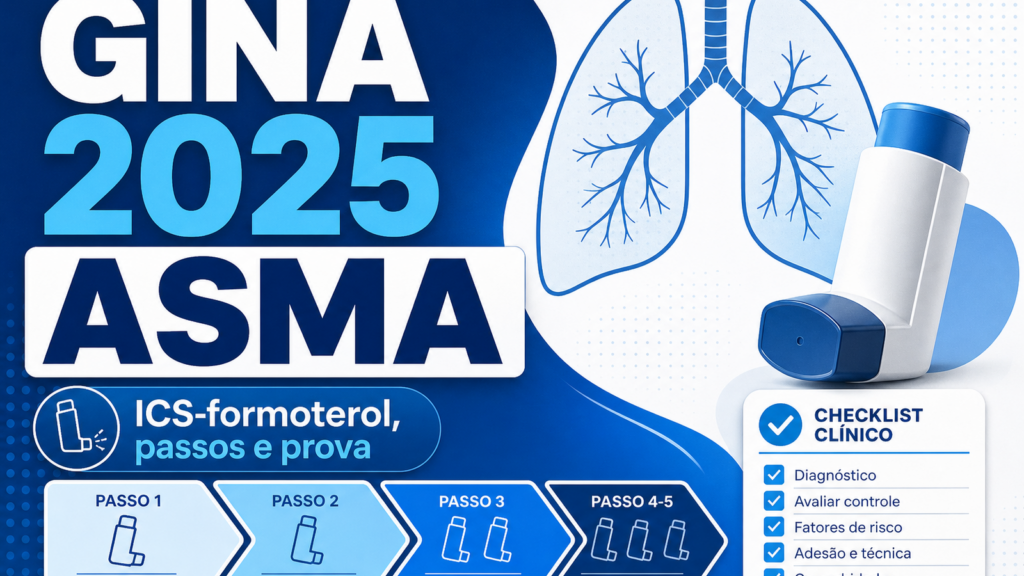 Capa do artigo GINA 2025 asma com inalador, pulmões e passos terapêuticos para tratamento em adultos