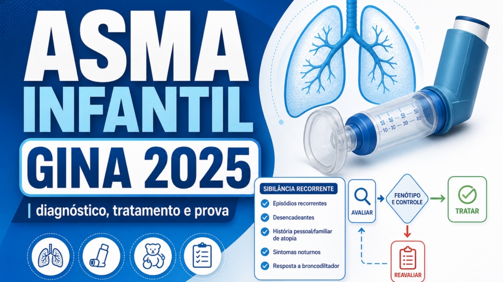 Capa do artigo asma em crianças GINA 2025 com pulmões infantis, inalador com espaçador e checklist clínico