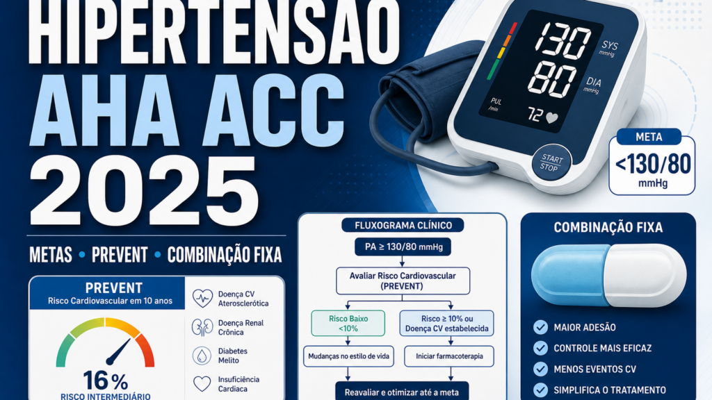 Capa do artigo hipertensão AHA ACC 2025 com meta 130 por 80, PREVENT e combinação fixa