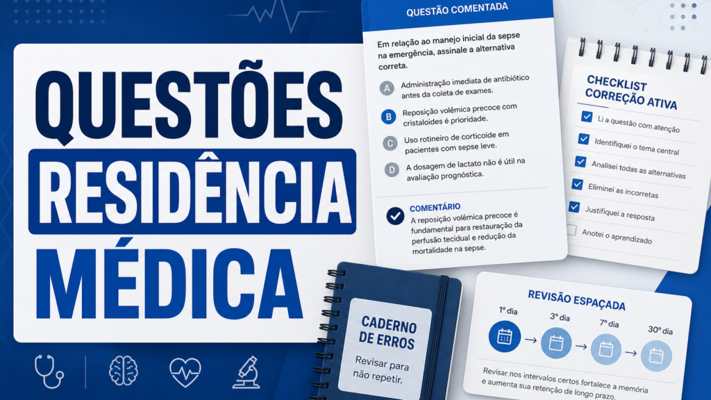 Questões públicas de residência médica com páginas comentadas, checklist de correção e revisão ativa