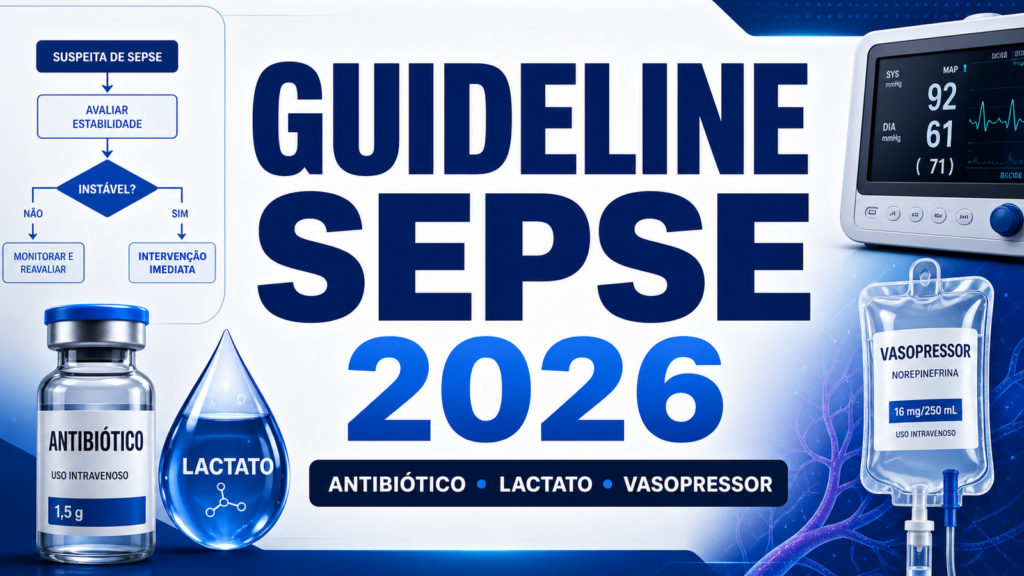 Capa do artigo guideline sepse 2026 com fluxograma de antibiótico, lactato e vasopressor
