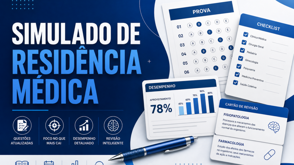 Capa sobre simulado de residência médica com folha de prova, checklist, barras de desempenho e cartões de revisão