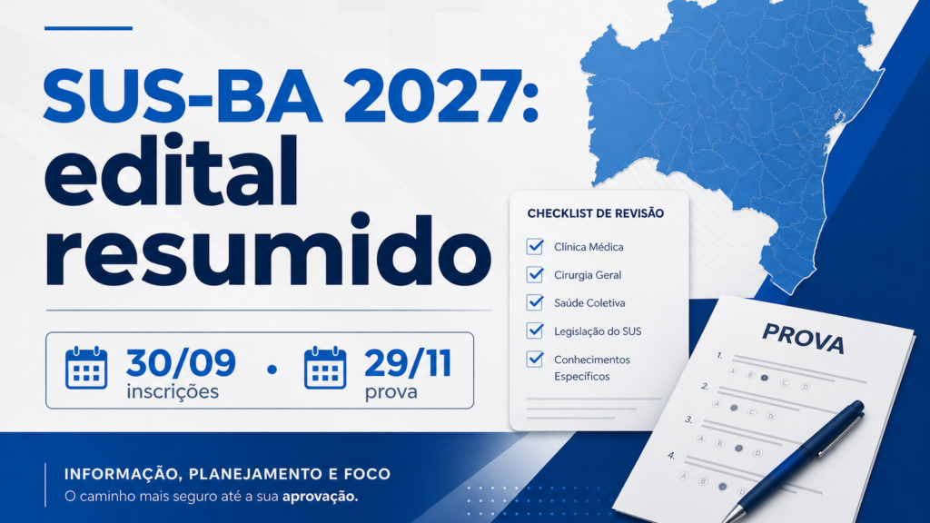 Capa do artigo SUS-BA 2027 edital resumido com calendário de inscrição, prova e checklist de revisão