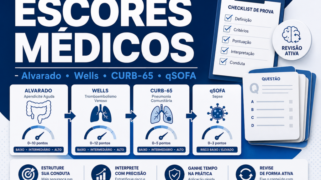 Escores médicos na residência com Alvarado, Wells, CURB-65 e qSOFA para prova