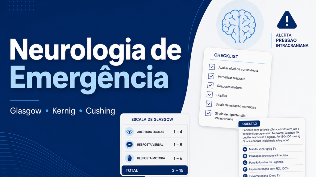 Neurologia emergência residência com Glasgow, Kernig e Cushing em checklist de prova