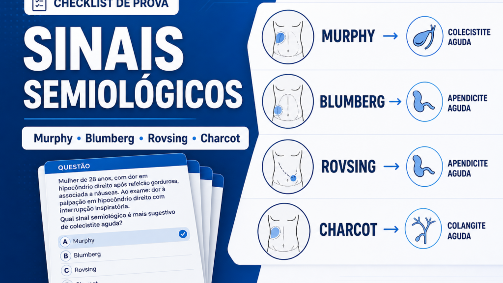 Sinais semiológicos na residência com Murphy, Blumberg, Rovsing e Charcot para prova