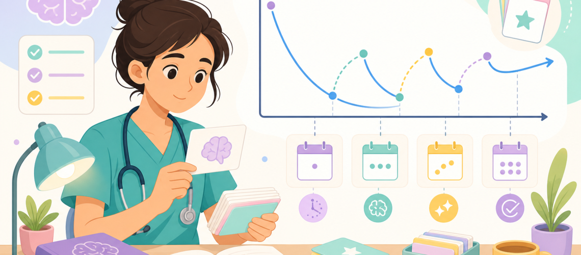 Estudante usando flashcards e revisão espaçada para aplicar a curva de Ebbinghaus na medicina