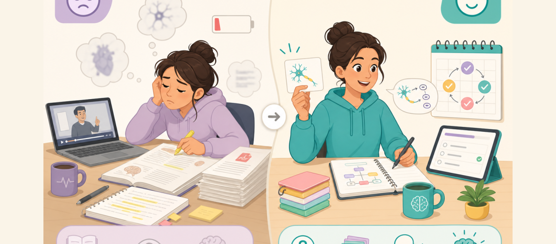 Estudante de medicina comparando estudo ativo vs passivo com flashcards e questões